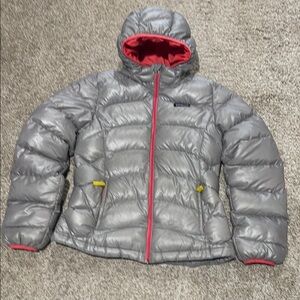 Patagonia Hi-Loft Down Hooded Jacket, Silver and Pink,coral interior& accents